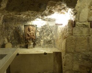 Bas-relief of St Jerome over the place where his body lay before it was transferred to a church in Rome (Seetheholyland.net)