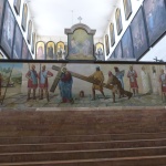 Depiction of Jesus carrying his cross, on top step of stairs to original Holy Sepulchre church (Seetheholyland.net)
