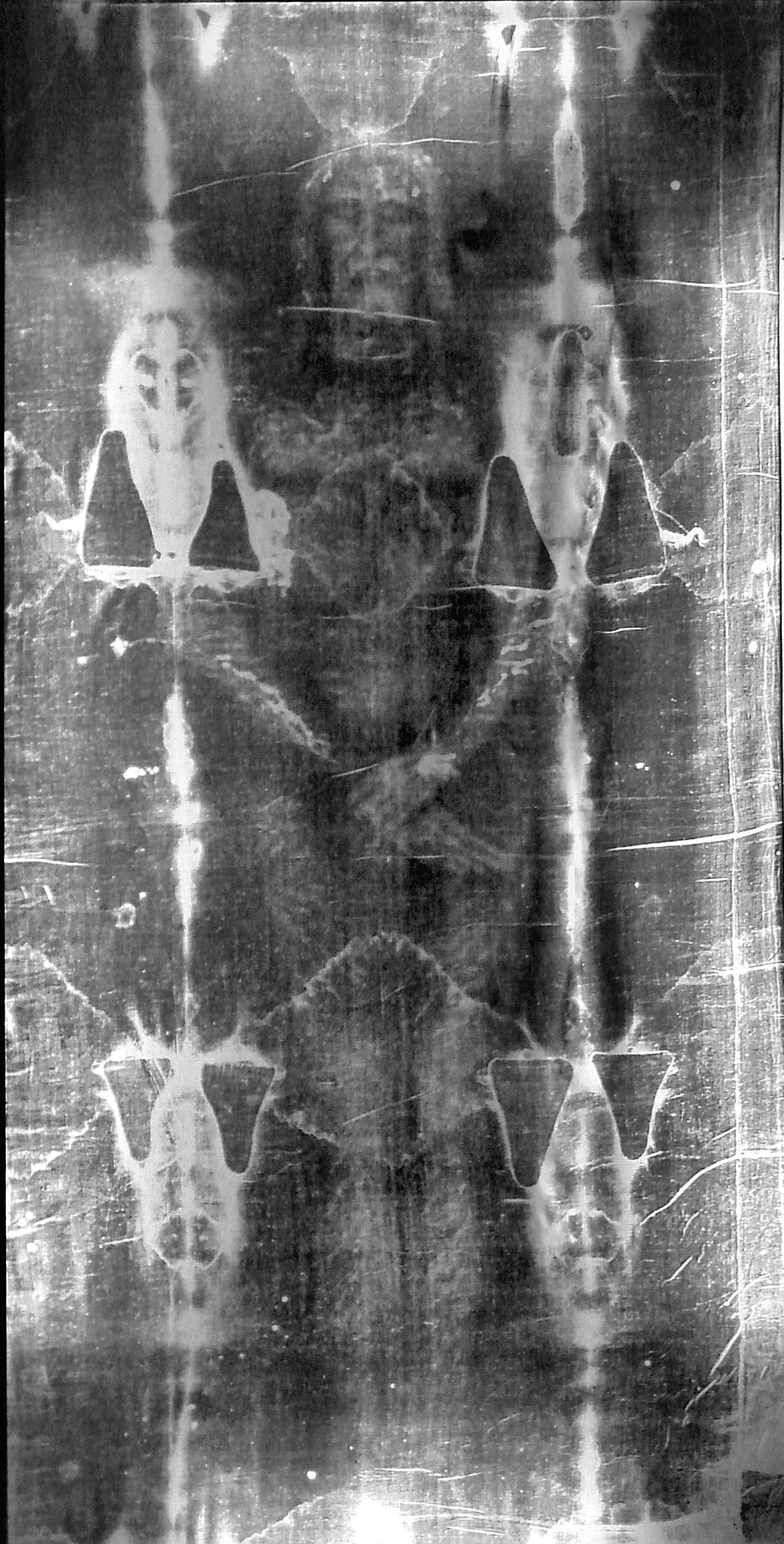 Full-length negative of the front image on the Shroud (Wikipedia)