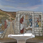 Jesus bringing the daughter of Jairus back to life, mosaic in Magdala church (Seetheholyland.net)