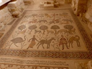 Mosaic dating from 425 in Arabian calendar (AD 531) on floor of old Mt Nebo baptistry (Seetheholyland.net)
