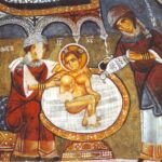 Salome (right) and the midwife bathing the infant Jesus in a 12th-century fresco (Open Air Museum, Goreme, Cappadocia)