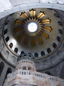 Top of edicule, below the dome's starburst of 12 rays of light representing the apostles (Seetheholyland.net)
